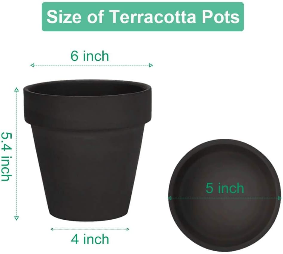 vensovo 6 Inch Black Terracotta & Clay Pots for Plant with Saucer - 4 Pack Medium Terra Cotta Planter with Drainage Hole, Flowerpot for Indoor Outdoor Plants, Crafts, Wedding Favor