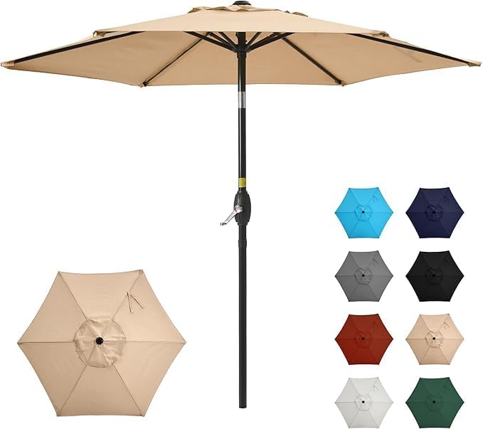 Aok Garden 7.5 ft Patio Umbrella Outdoor Market Umbrella Tilt Button and Crank 6 Ribs for Deck Lawn Pool& Backyard