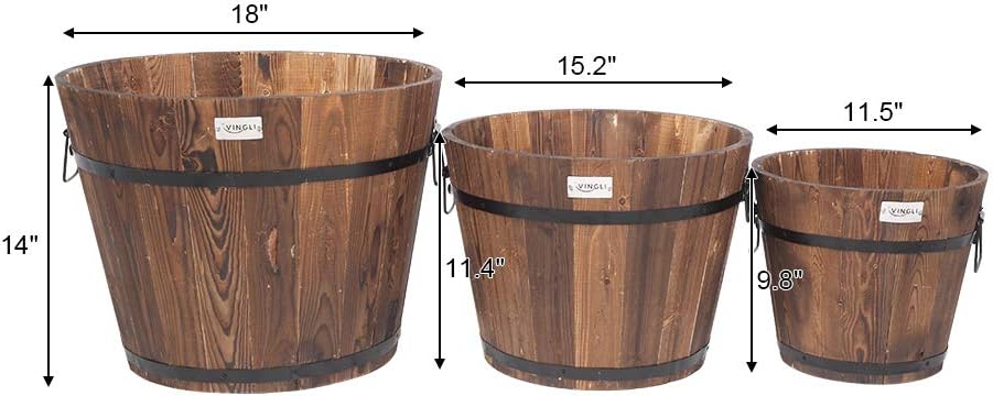 VINGLI 3 PCS Large Wooden Planter Barrel Set, 11.5"(Dia)- 18"(Dia) Real Wood Indoor/Outdoor Flower Pot w/Drainage Holes, Different Sizes, Large Garden Container Box
