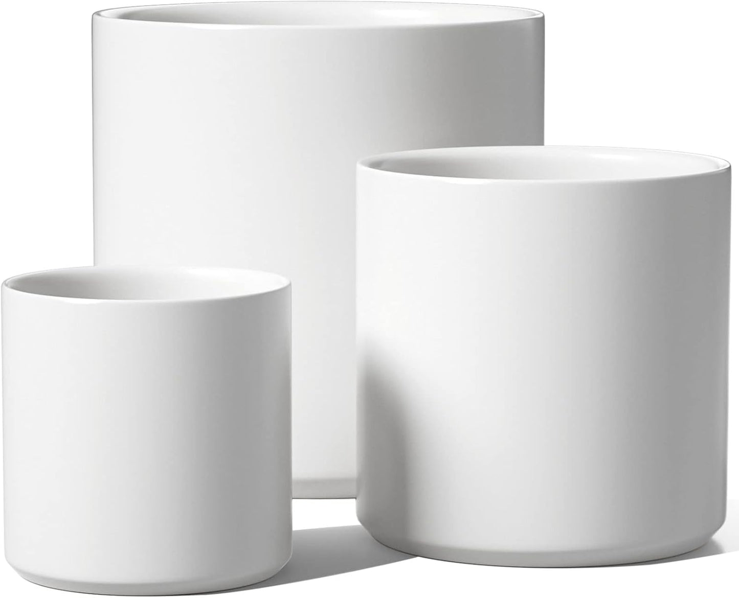 LE TAUCI Ceramic Pots for Plants, 10+8+6 Inch Indoor Plant Pots, Modern Planters for Indoor Plants Home Office, Cylinder Round Planters with Drainage Hole and Plug, Set of 3, White