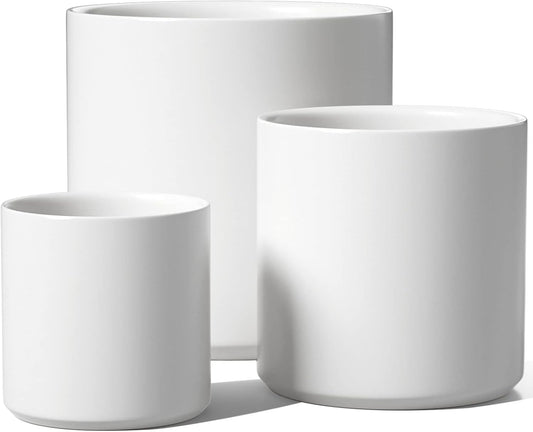 LE TAUCI Ceramic Pots for Plants, 10+8+6 Inch Indoor Plant Pots, Modern Planters for Indoor Plants Home Office, Cylinder Round Planters with Drainage Hole and Plug, Set of 3, White