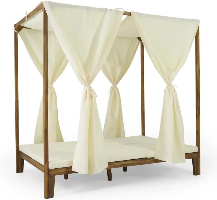 kevinplus Outdoor Patio Sunbed Daybed with Adjustable Reclining Chaise Lounge & Water-Resistant Canopy & Curtain, Solid Wood Construction, Cream White