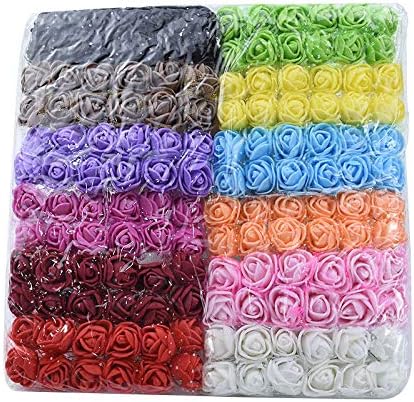 Mini Fake Rose Flower Heads 144pcs Mixed 12 Colors Mini Artificial Roses Bride Bouquet PE Foam DIY Party Festival Home Decor Rose Flowers Head Make Bridal Hair Clips Headbands Dress (Multicolor)