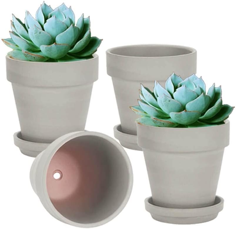 vensovo 6 Inch Grey Terracotta & Clay Pots for Plant with Saucer - 4 Pack Medium Terra Cotta Planter with Drainage Hole, Flowerpot for Indoor Outdoor Plants, Crafts, Wedding Favor