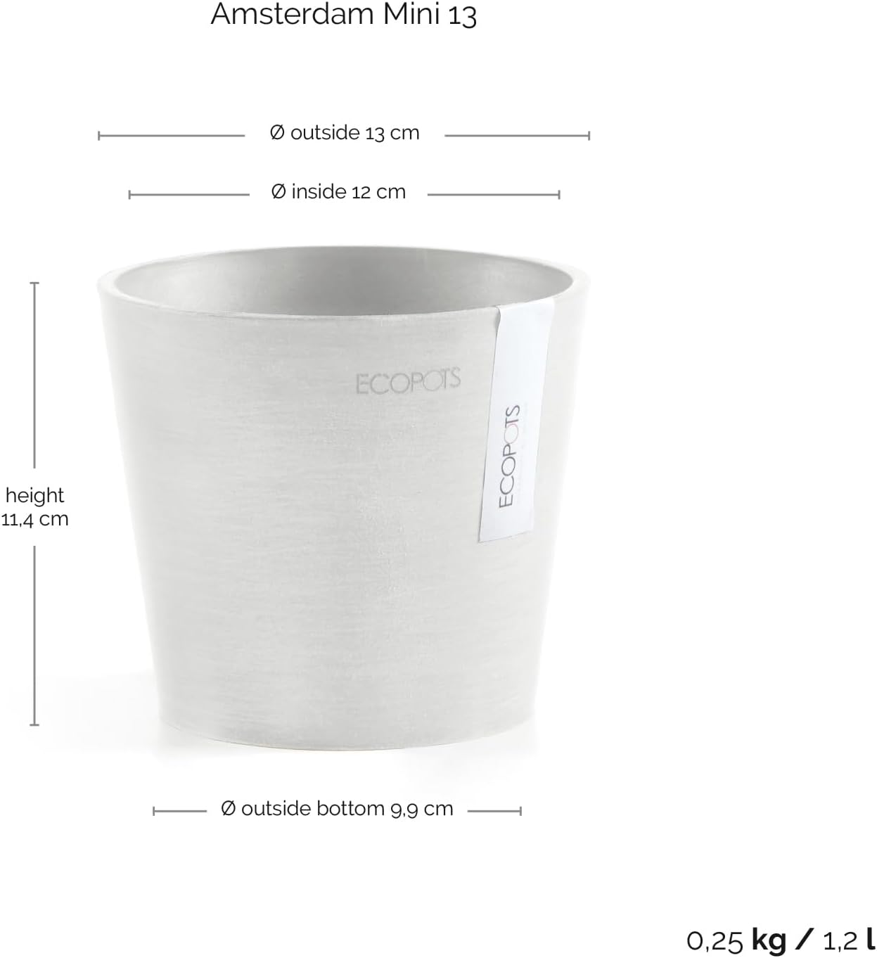 Ecopots Amsterdam Mini Durable Modern Round Recycled-Based Composite Flower Pot Planter, Pure White, 5"