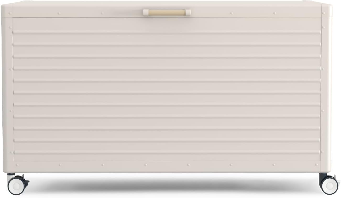 134 Gallon Outdoor Storage Box Waterproof with Wheels, Metal Deck Box for Patio Furniture, Garden Tools, Outdoor Cushion, Latte