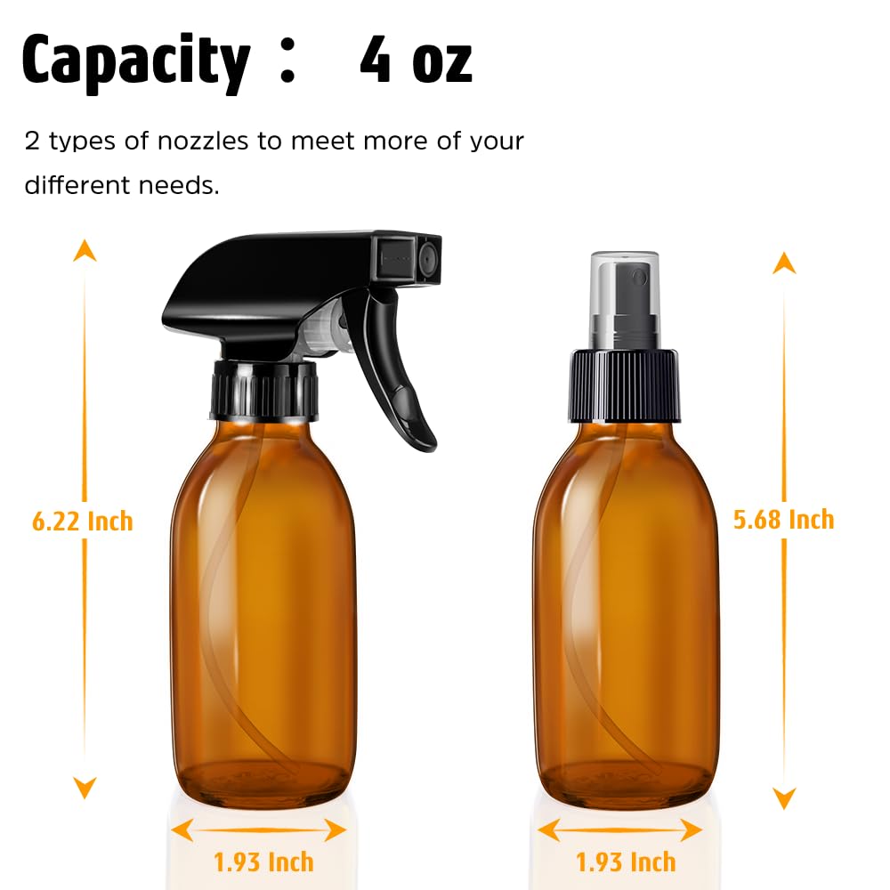Tecohouse Glass Spray Bottles 4 OZ, Amber Empty Spray Bottle for Essential Oils, Small Glass Bottles for Cleaning Solutions, Plants, with Durable Nozzle, Labels, Funnel, Pipettes