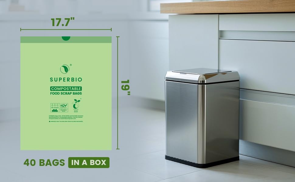 SUPERBIO 4 Gallon Compostable Drawstring Food Scrap Bags,15.1 Liter, 40 Count, 0.9 Mil,Heavy Duty Waste Bags, BPI, Seedling and OK compost INDUSTRIAL