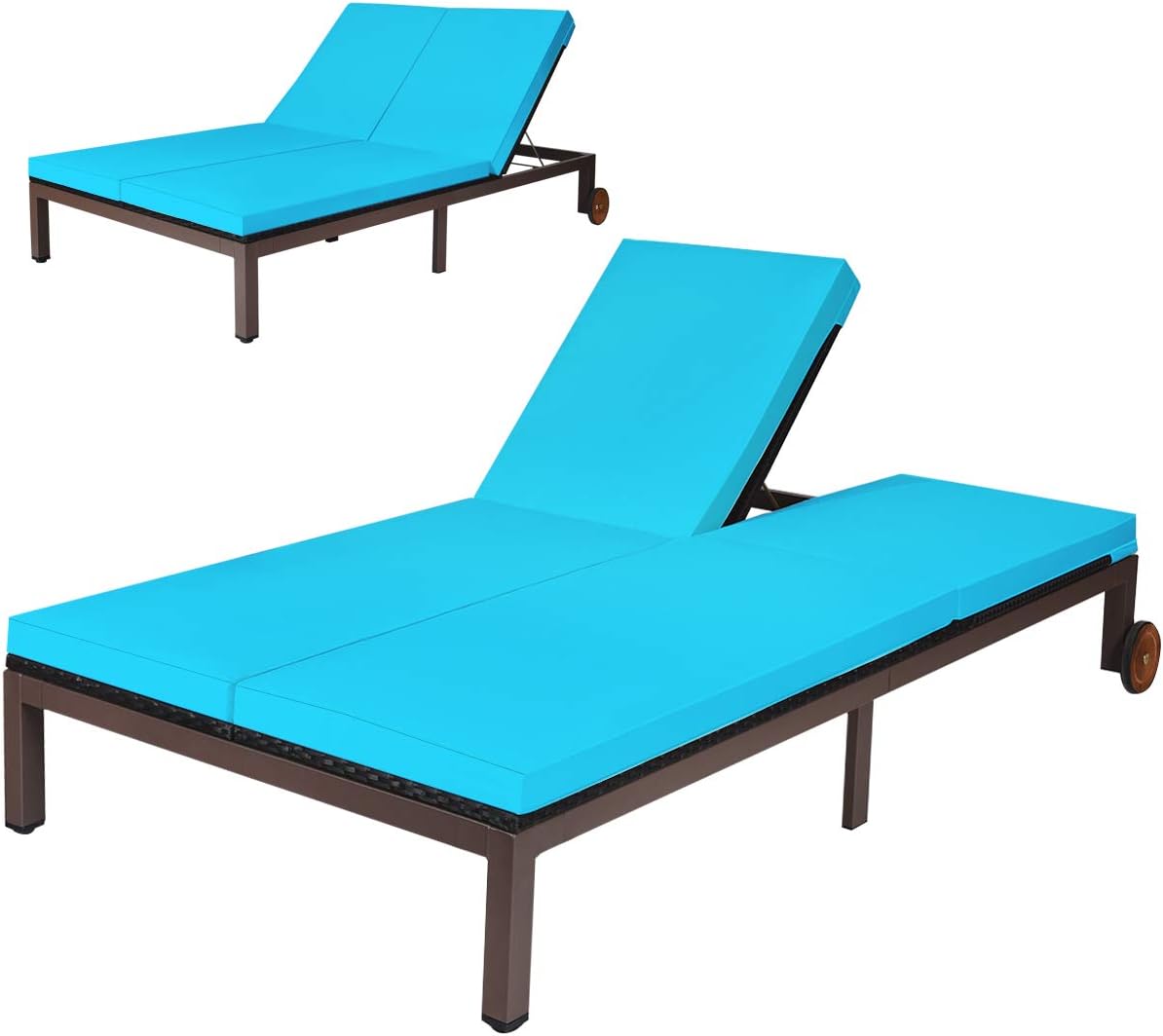 Tangkula 2-Person Patio Lounge Chair, Outdoor Rattan Double Wicker Daybed Chaise Lounge Chair with Adjustable Backrest Wheels & Cushion, Patio Sofa for Garden Lawn Backyard (Turquoise)