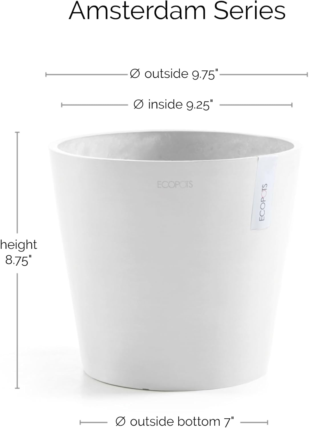 Ecopots Amsterdam Durable Modern Round Indoor/Outdoor Recycled-Based Composite Flower Pot Planter, Pure White, 10"