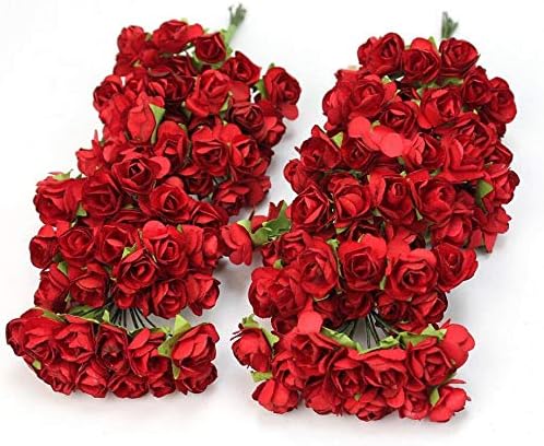 Mini Fake Rose Flower Heads 144pcs Mini Artificial Mulberry Paper Roses Flower with Wire Stem DIY Wedding Flowers Accessories Make Bridal Hair Clips Headbands Dress (Red)