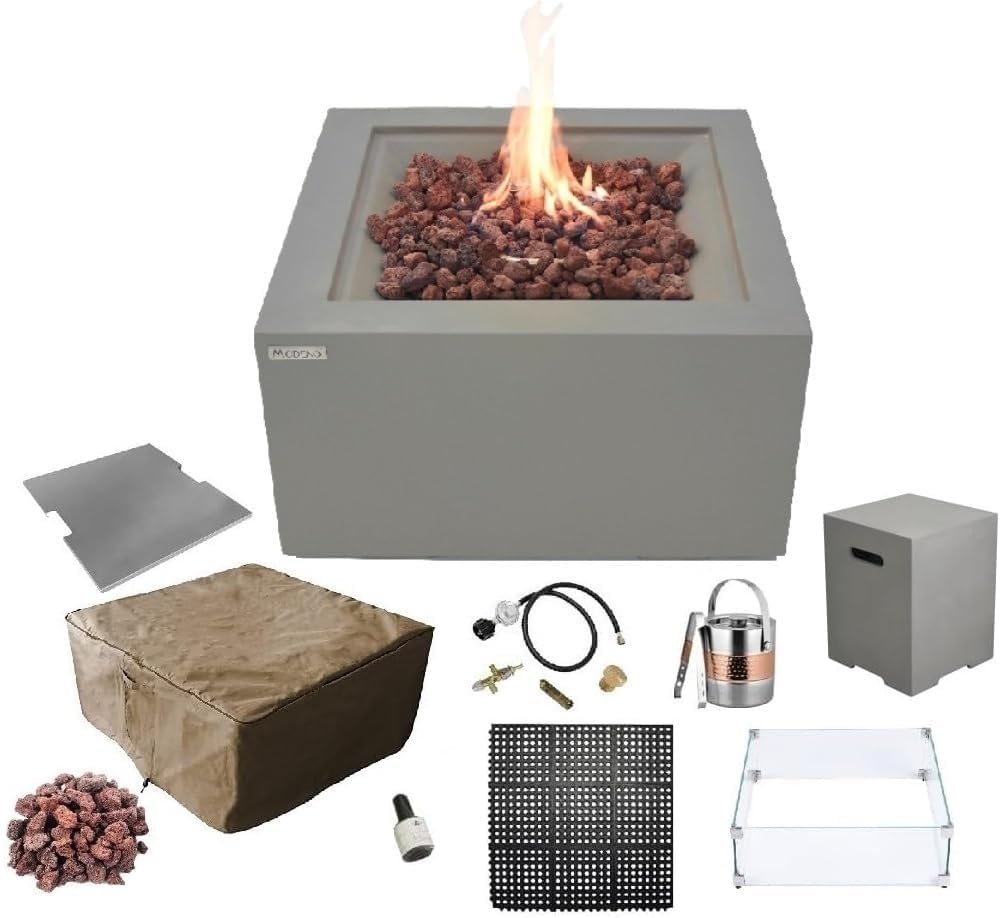AMS Fireplace | Modeno Ridgefield Package | Light Gray Liquid Propane Gas Fire Pit Table for Outside Patio Bundle with Tank Cover, Wind Guard, SS Burner Lid | Free Ice Bucket & Rubber Mat