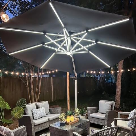 PURPLE LEAF 10ft Solar powered LED Patio Umbrella Outdoor Round Umbrellas Large Cantilever Umbrella with LED lights Windproof Offset Heavy Duty Sun Umbrellas for Garden Deck Pool Patio, Grey