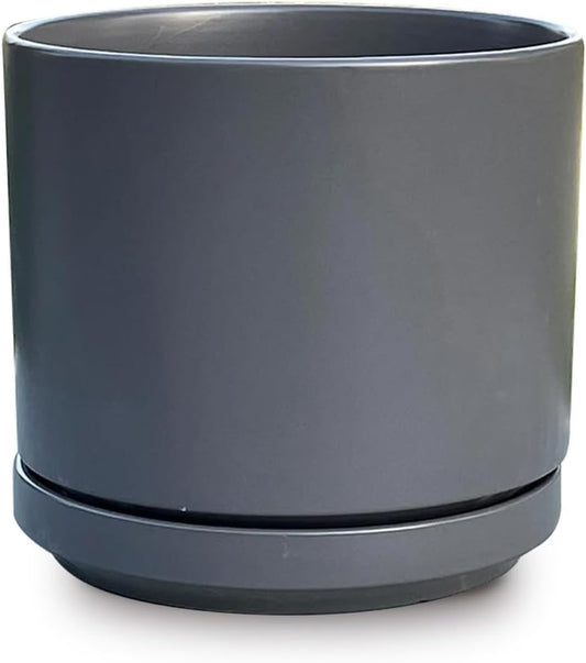 Mid Modern Planter with Detached Saucer (Jet Grey,14.0" D x 12.0" H)