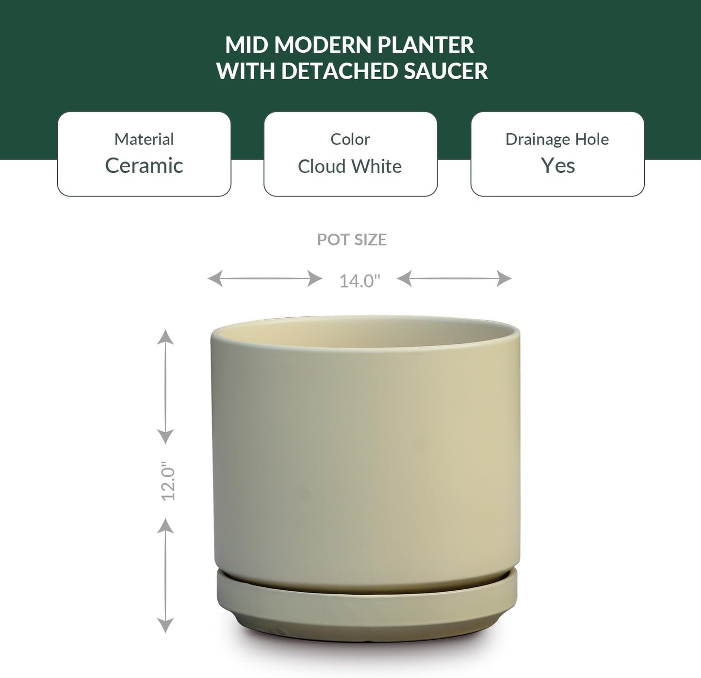 Mid Modern Planter with Detached Saucer (Cloud White,14.0" D x 12.0" H)