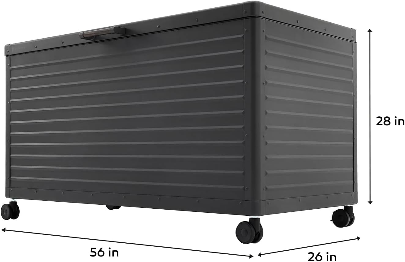 175 Gallon Outdoor Storage Box Waterproof, Metal Deck Box with wheels for Patio Furniture, Garden Tools, Outdoor Cushion, Charcoal