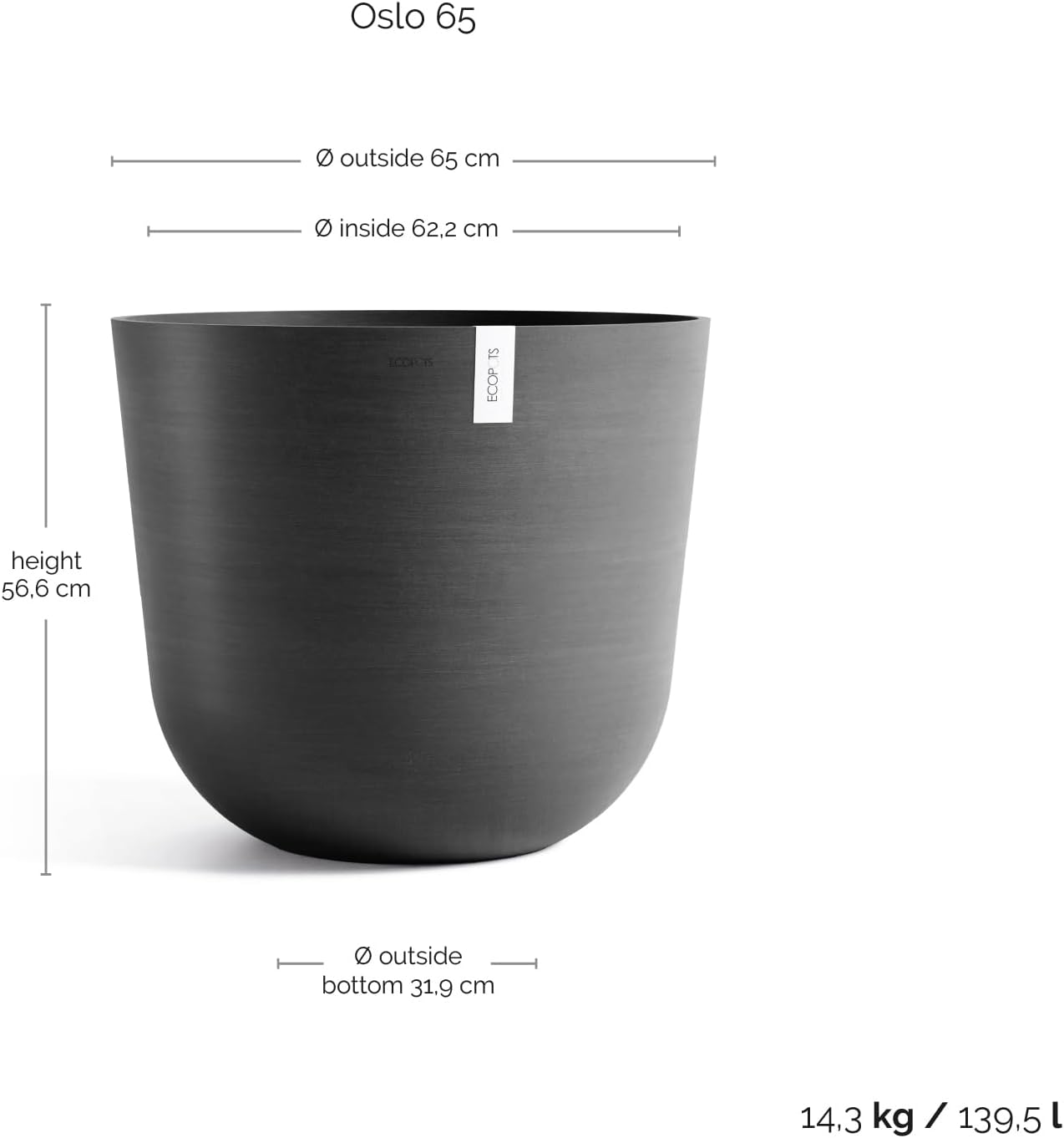 Ecopots Oslo Durable Modern Round Indoor/Outdoor Recycled-Based Composite Flower Pot Planter, Dark Grey, 25.5"