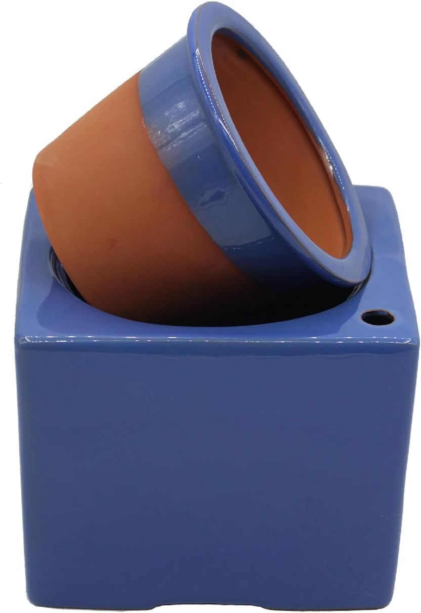 Ceramic African Violet Self Watering Pot 6 Inch Square Pot 3.5 Inch Innter Pot Easy Fill Water Reservoir Blue