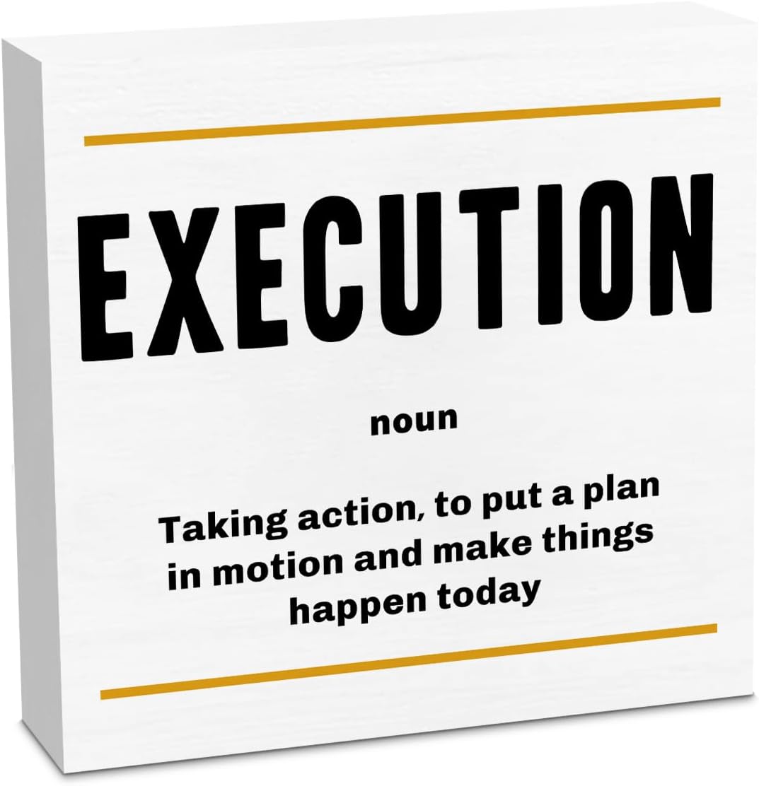 Execution Noun Entrepreneur White Wooden Box Sign, Inspirational Office Decor Decorative Table Shelf Desk Decor, Rustic Workplace Home Living Room Decor Office Decorations Desk Accessories