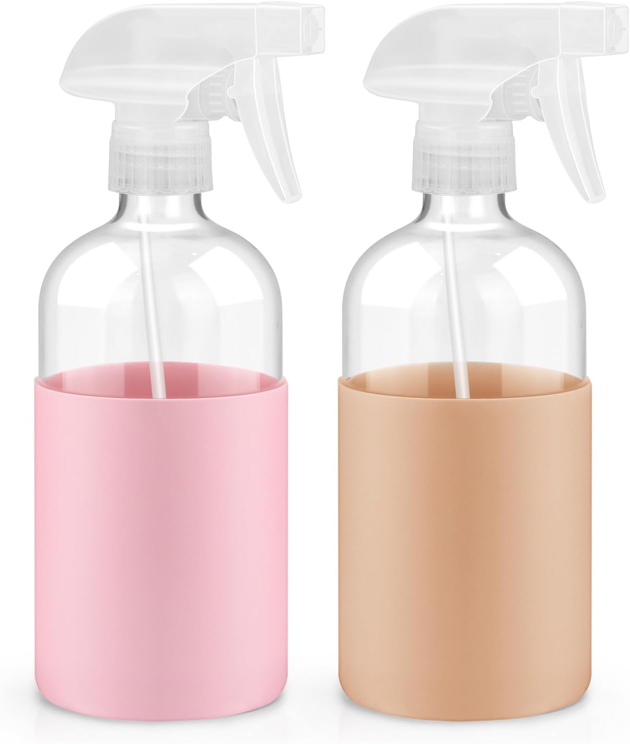 2 Pack Glass Spray Bottles with Silicone Sleeve, 16 oz Empty Refillable Containers with Adjustable Spray Nozzles, Spray Bottles for Hair, Cleaning Solutions and Plants Pink&khaki