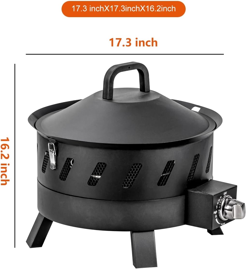 17.3 inch Portable Propane Fire Pits, Gas Fire Pit Bowl for Outside with Lid & Handle, Smokeless Gas Firebowl,Propane Firepit for Camping, Patio, Yard, Garden