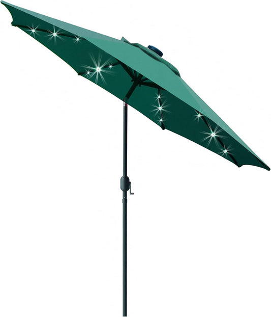 Sunnyglade 9' Solar LED Lighted Patio Umbrella with 8 Ribs/Tilt Adjustment and Crank Lift System (Dark Green)