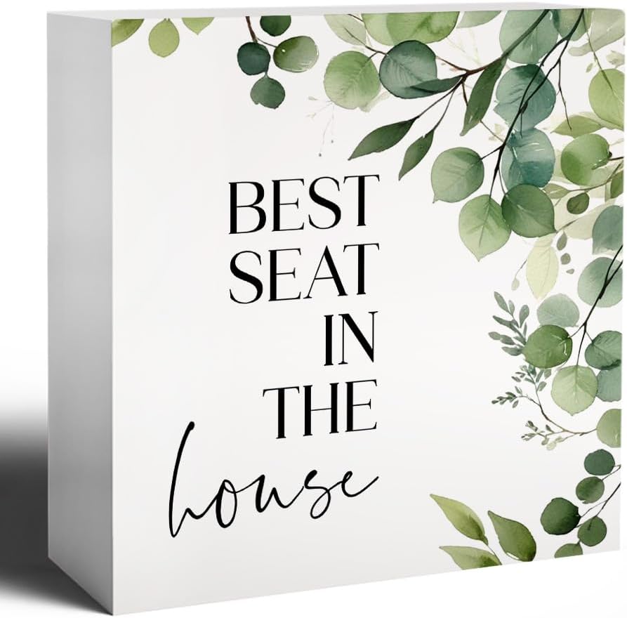 Funny Bathroom Signs, Best Seat in the House Wooden Box Sign, Eucalyptus Botanical Wood Signs Plaque for Restroom Washroom Toilet Counter Shelf Table Decor, 5x5 Inch