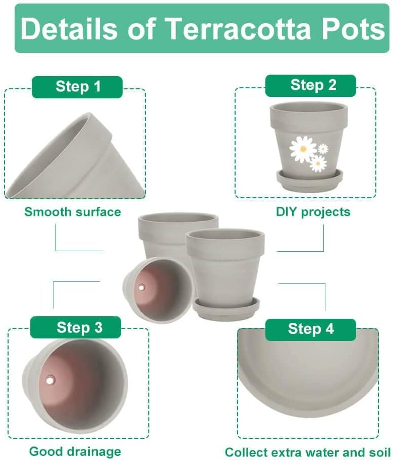 vensovo 6 Inch Grey Terracotta & Clay Pots for Plant with Saucer - 4 Pack Medium Terra Cotta Planter with Drainage Hole, Flowerpot for Indoor Outdoor Plants, Crafts, Wedding Favor