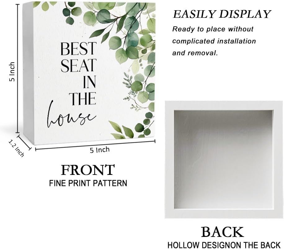 Funny Bathroom Signs, Best Seat in the House Wooden Box Sign, Eucalyptus Botanical Wood Signs Plaque for Restroom Washroom Toilet Counter Shelf Table Decor, 5x5 Inch