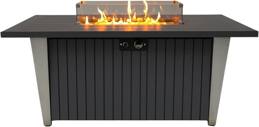 SereneLife 52 Inch Gas Fire Pit Table, 50,000 BTU Propane Pits for Outside with Steel Lid and Lava Rock, 2 in 1 Firepit Table Gatherings Parties on Patio Deck Garden Backyard