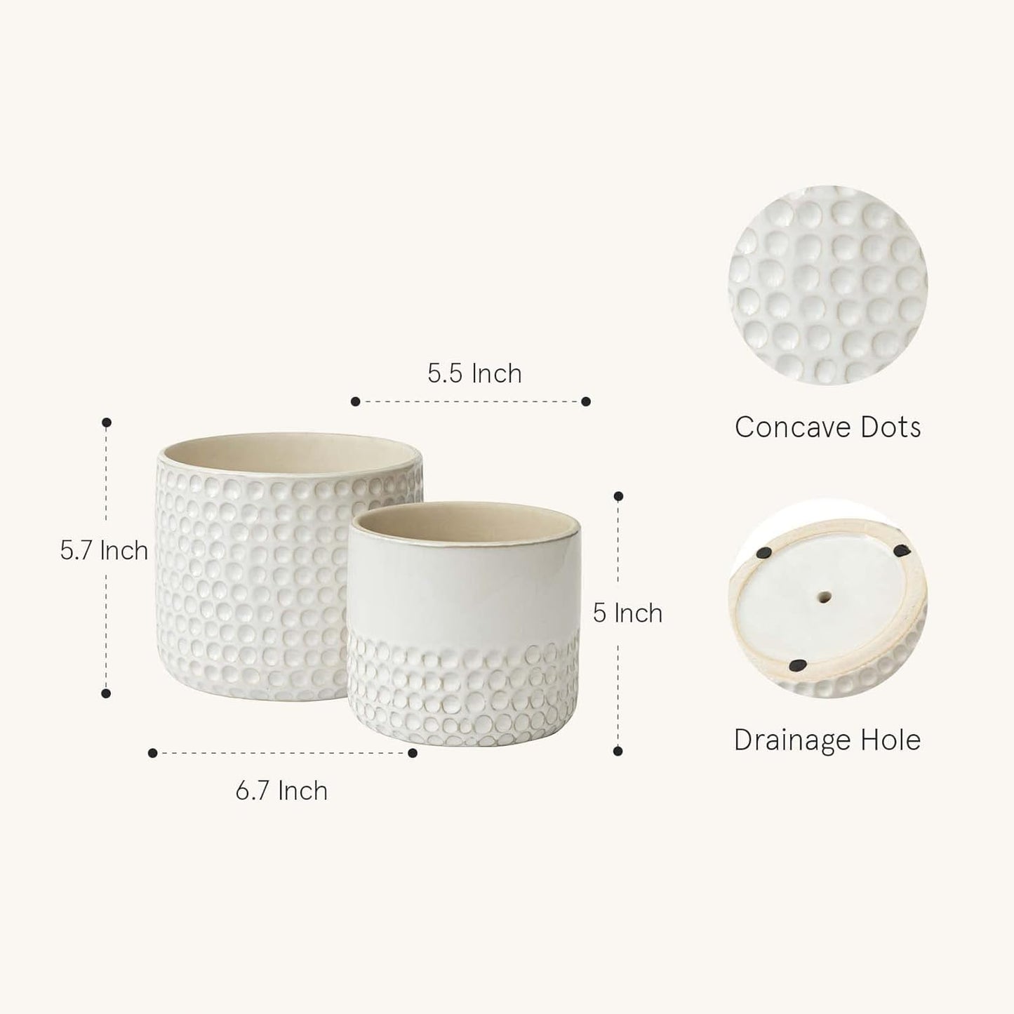 La Jolie Muse Ceramic Planter Flower Plant Pots- 6.7+5.5 Inch Concave Dot Patterned Cylinder Flower Pot W/ Drain Hole for Indoor, Set of 2, Ivory