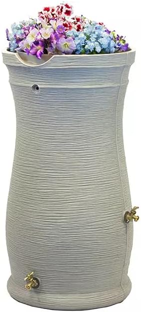 Stylish Impressions Capri Rain Saver, 50 Gallon, Sturdy Rain Barrel with Planter, Ribbed Design, Gray, with Dual Brass Spigots.