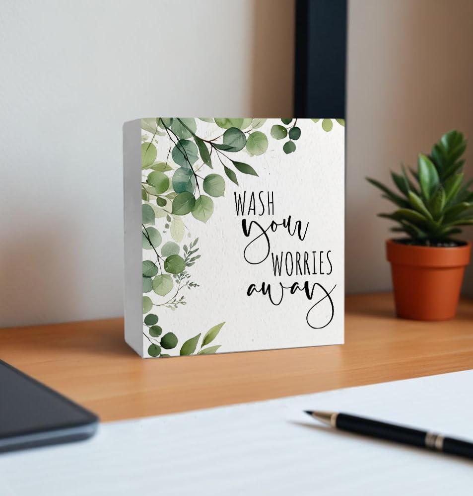 Wash Your Worries Away Funny Bathroom Wooden Box Sign, Eucalyptus Botanical Wood Signs for Restroom Bathroom Toilet Half Bath Shelf Counter Decor, 5x5 Inch