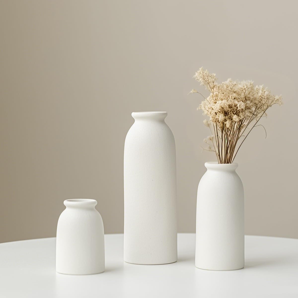 Ceramic Vase Set-3, Small Flower Vases for Decor, Modern Boho Farmhouse Style, Decorative Shelf Vases for Pampas Grass & Dried Flowers, Distressed Finish (White)