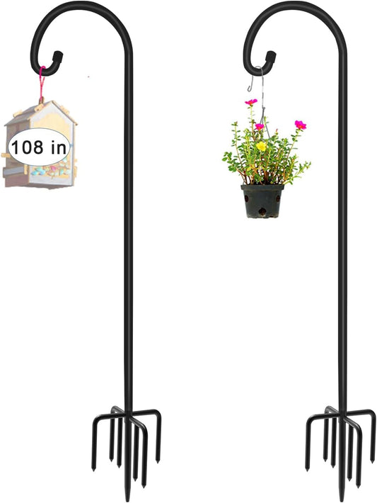108 inch Outdoor Shepherd Hook with 5 Prong Base (2 Packs), Adjustable Heavy Duty Garden Hanging Stake for Bird Feeder Solar Light Plant Hanger Wedding Decor, Matte Black