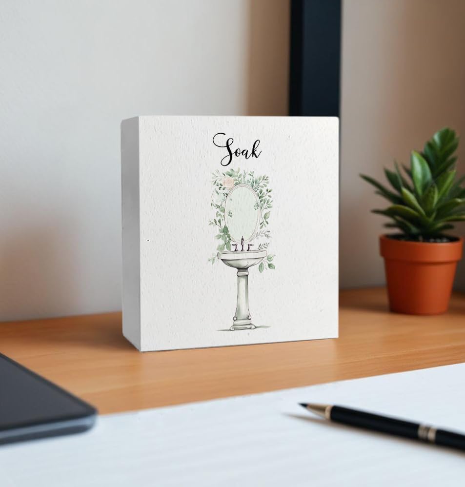 Soak Funny Bathroom Wooden Box Sign, Eucalyptus Botanical Wood Signs for Restroom Bathroom Toilet Half Bath Shelf Counter Decor, 5x5 Inch