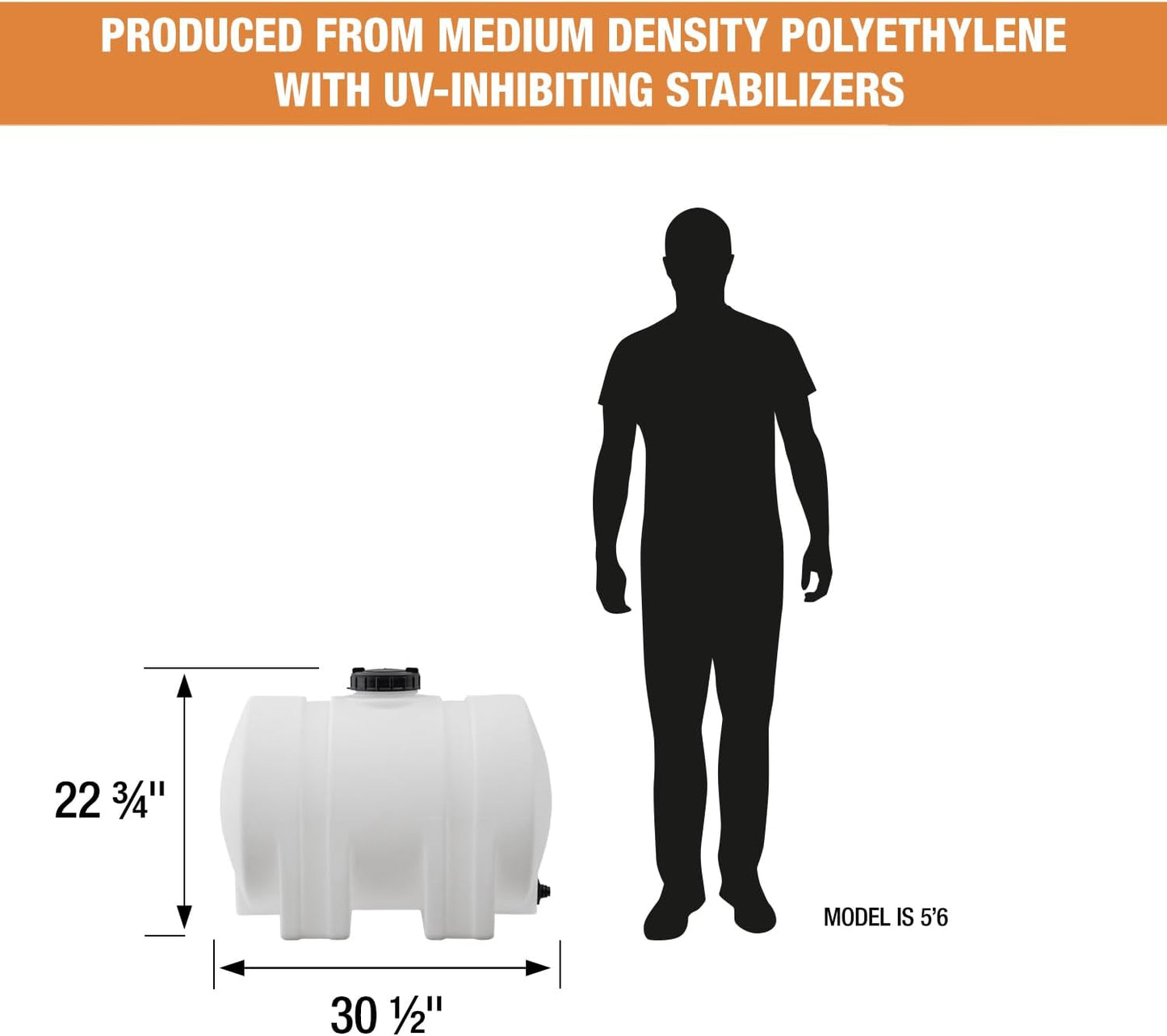 Romotech 82126189 Horizontal Polyethylene Reservoir Water Tank w/Legs, 35 gal, Made In USA, Natural Poly Tank For Non-Flammable Liquids, UV-Resistant, Ideal for Agricultural Use, RV Water Storage