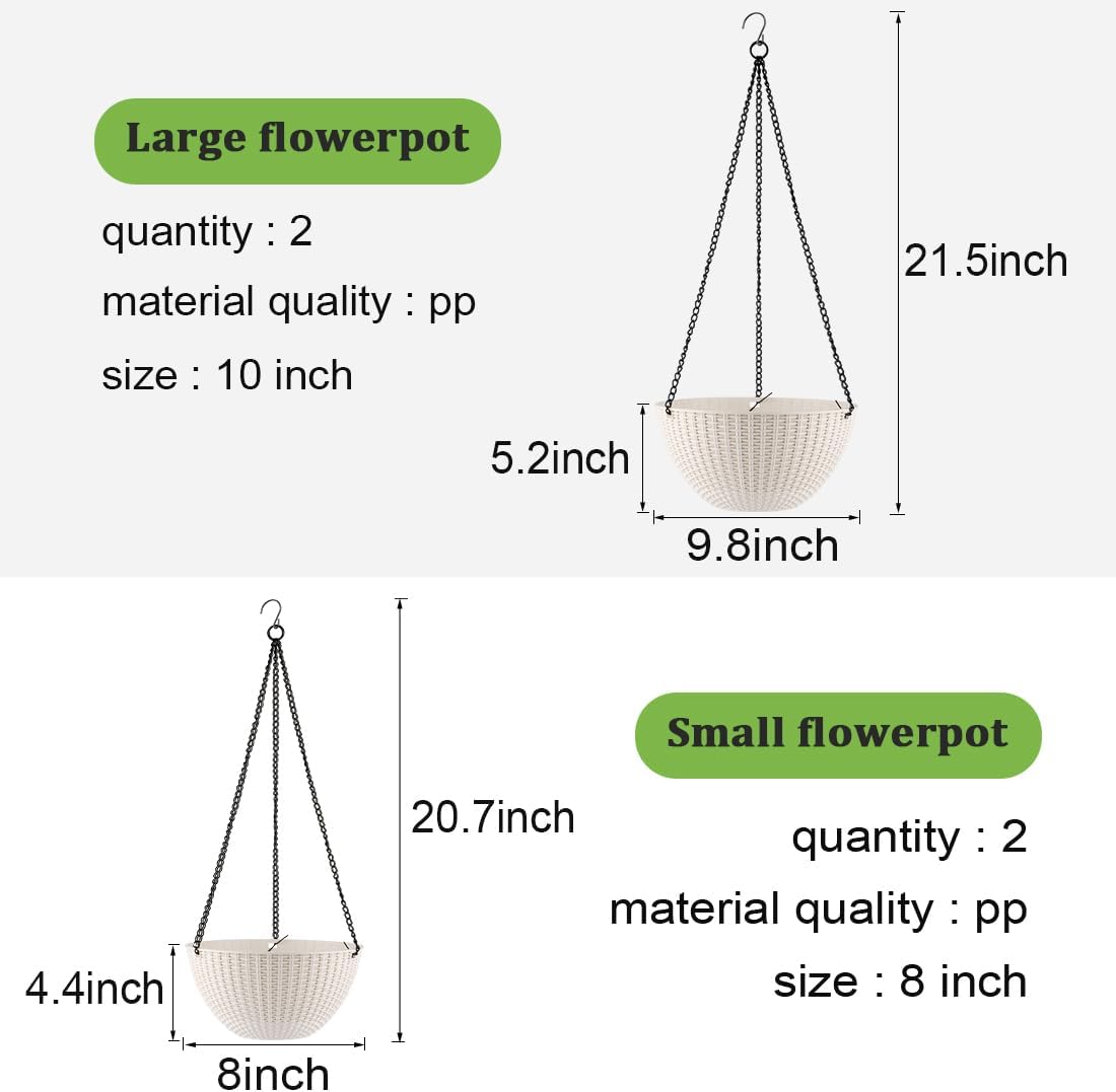 Hanging Planters for Indoor Outdoor Plants 8 and 10 Inch, 4 Packs Plant Hanger with Drainage Holes, Hanging Basket Flower Pot Perfect for Home, Office and Garden,White