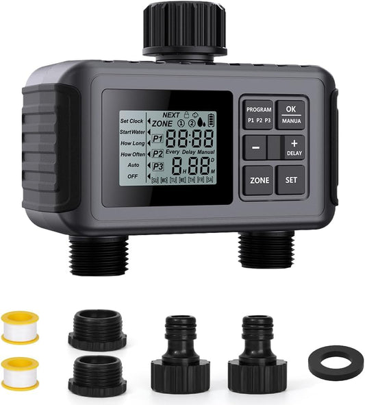 Uzoli SGW07 Sprinkler Timer, Programmable Water Timer for Garden Hose with 2 Outlets, Rain Delay, Manual, IP55 Waterproof Auto Drip Irrigation for Yard, Lawn, Pool