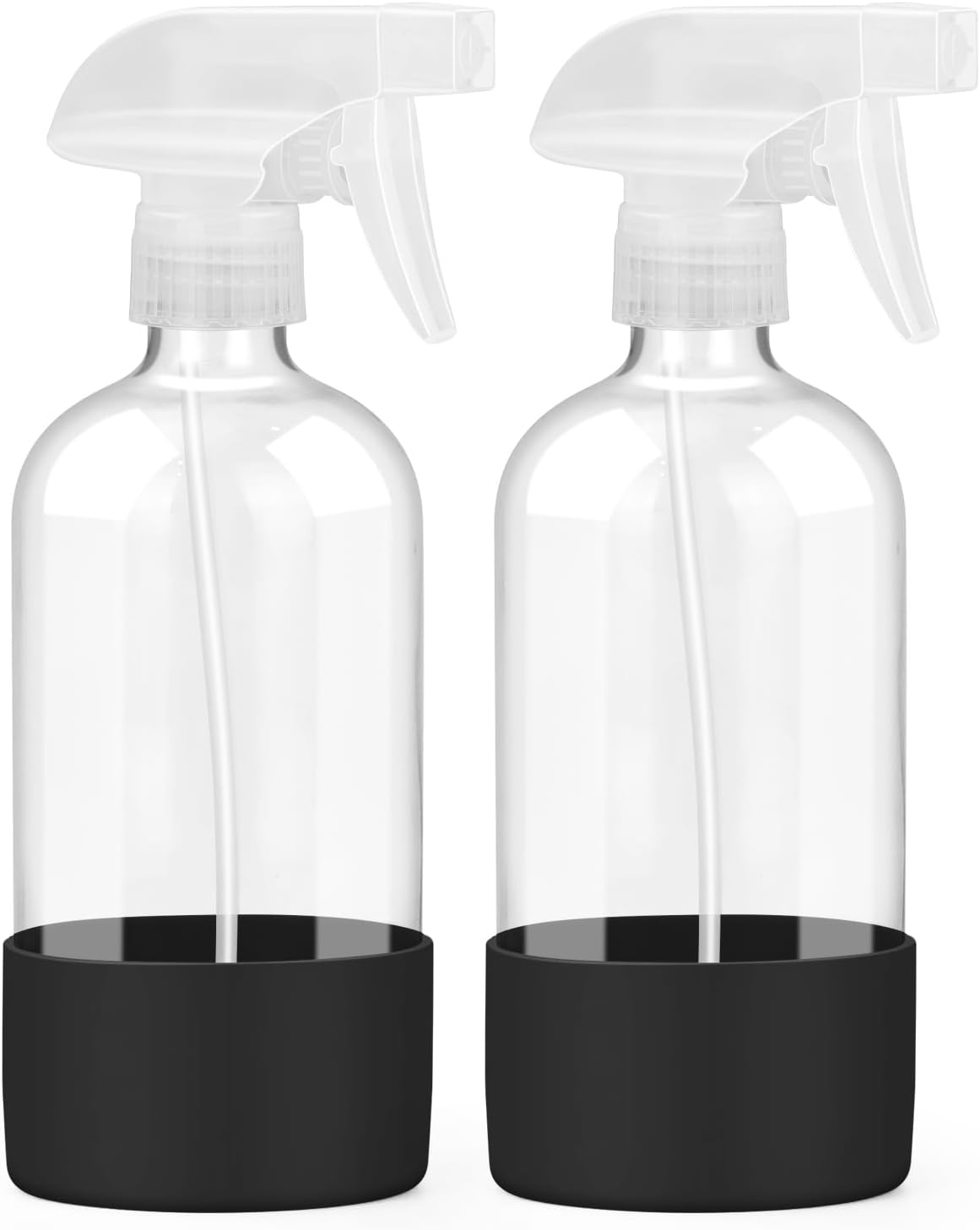 2 Pack Glass Spray Bottles with Silicone Sleeve, 16 oz Empty Refillable Containers with Adjustable Spray Nozzles, Spray Bottles for Hair, Cleaning Solutions and Plants Black