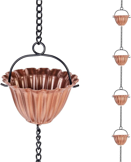 9 Ft Rain Chain, Thick Metal Rain Gutter Chains with 12 Gold Flower Cups, Adjustable Rain Catcher Chain for Eaves Drainage, Replacement for Downspout, Outdoor Decor