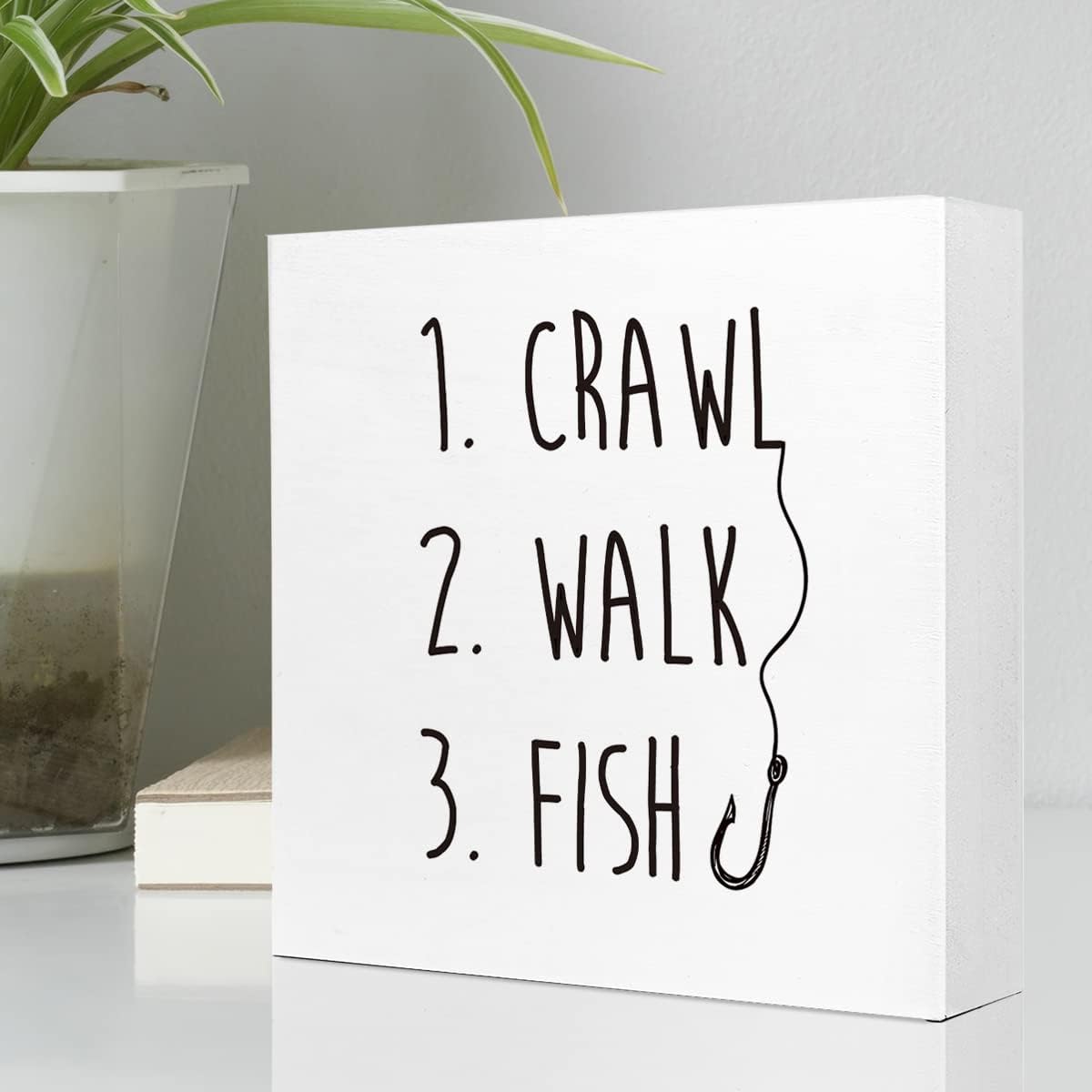 Crawl Walk Fish Rustic Wooden Sign Desk Decor,Funny Baby Fishing Wood Block Sign Desk Decorations for Home Bedroom Baby Room Desk Shelf Table Decor
