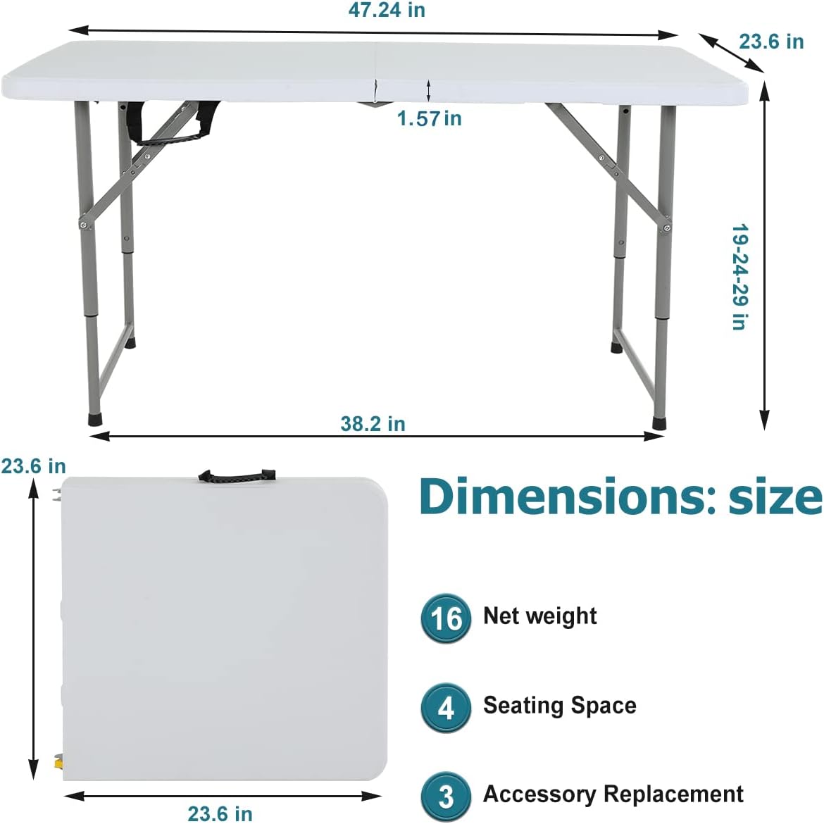 4FT Folding Table, Height Adjustable Table, Heavy Duty Plastic Tables Portable Fold-in-Half Utility Table w/Handle & Lock for Camping BBQ Party Banquet Wedding Market Events, 330LBS
