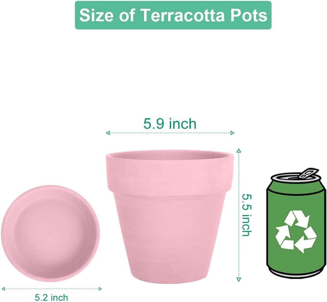 vensovo 6 Inch Peach Pink Terracotta & Clay Pots for Plant with Saucer - 4 Pack Medium Terra Cotta Planter with Drainage Hole, Flowerpot for Indoor Outdoor Plants, Crafts, Wedding Favor