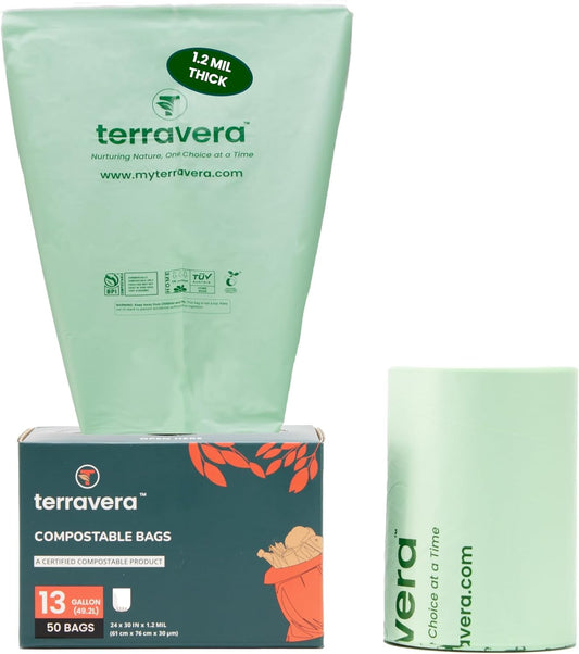 Compostable Trash Bags with Handles | BPI & OK Home Certified ASTM D6400 Standards | Heavy Duty Kitchen & Yard Waste Bags (13 Gallon Flat Top, 50 Count)