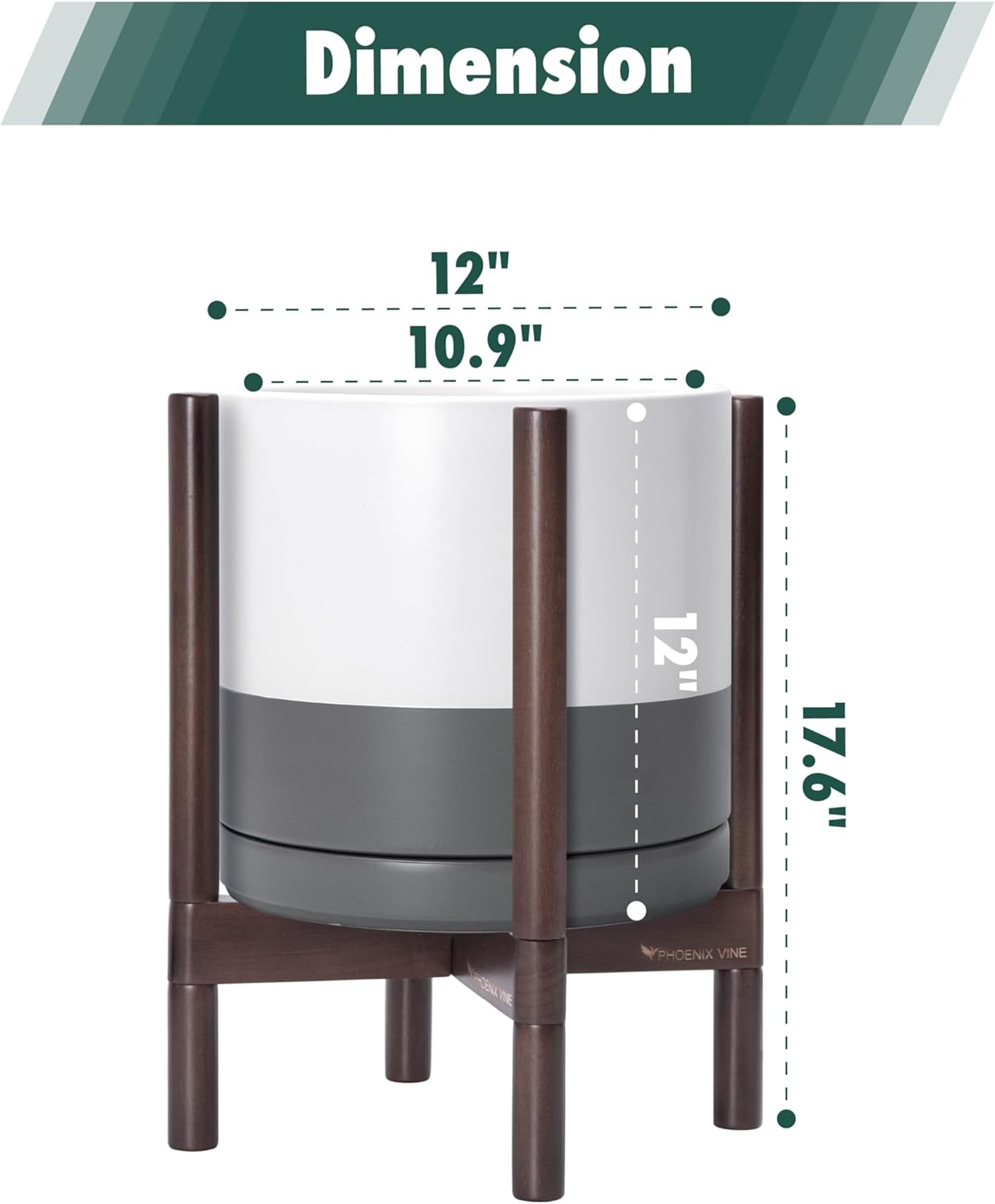D'vine Dev Ceramic Planter with Walnut Color Stand - 12 Inch Modern Round Flower Pot with Wood Planter Holder, White/Grey, 55-B-W-6
