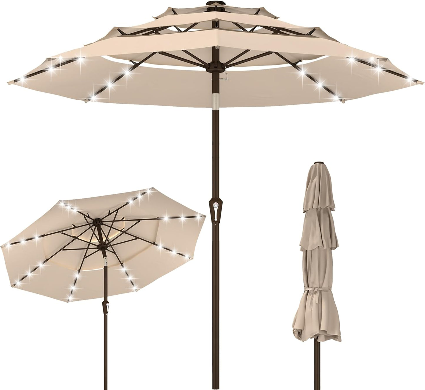 Kingdura 10ft 3-Tier Patio Umbrella with Solar Lights, Table Umbrella Outdoor Patio with Easy Crank & Tilt, 8 Sturdy Ribs, UV Protection, 32 LED Lights for Deck, Poolside, Market (Beige)