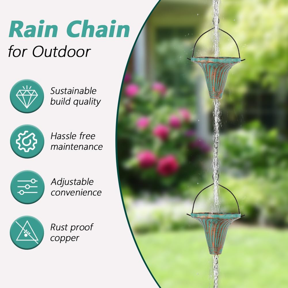 10 Ft Rain Chains for Gutters, Metal Rain Catcher Chain for Eaves Drainage, Rain Gutter Chains with 10 Green Funnel Cups, Adjustable Rain Chain for Outdoor Decor