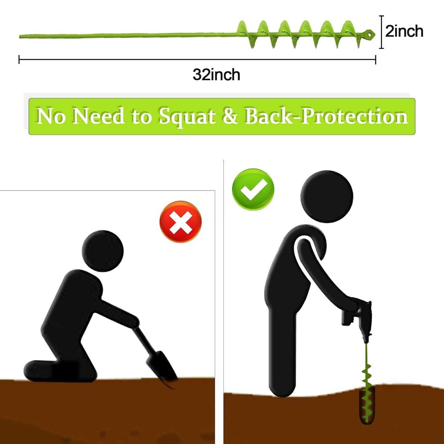 TCBWFY 2x32 Inch Auger Drill Bit for Planting - Long Handle Easy Planter Garden Auger - Bulb & Bedding Plant Augers - Post Hole Digger for 3/8”Hex Drive Drill
