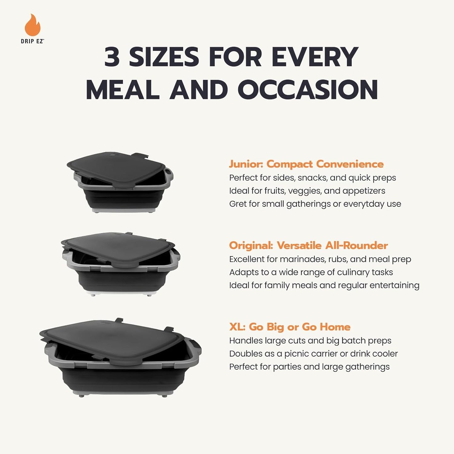 Drip EZ Collapsible BBQ Prep Tubs 3-Piece Set- For Meal Prep Marinating Food Storage - Includes Cutting Board & Lid - (1) JR - Orange + (1) OG - Orange + (1) XL - Black